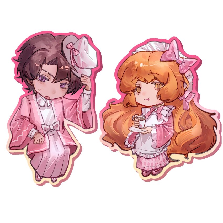 09gugugu, 1boy, 1girl, alternate_costume, apron, bow, brown_hair, chibi