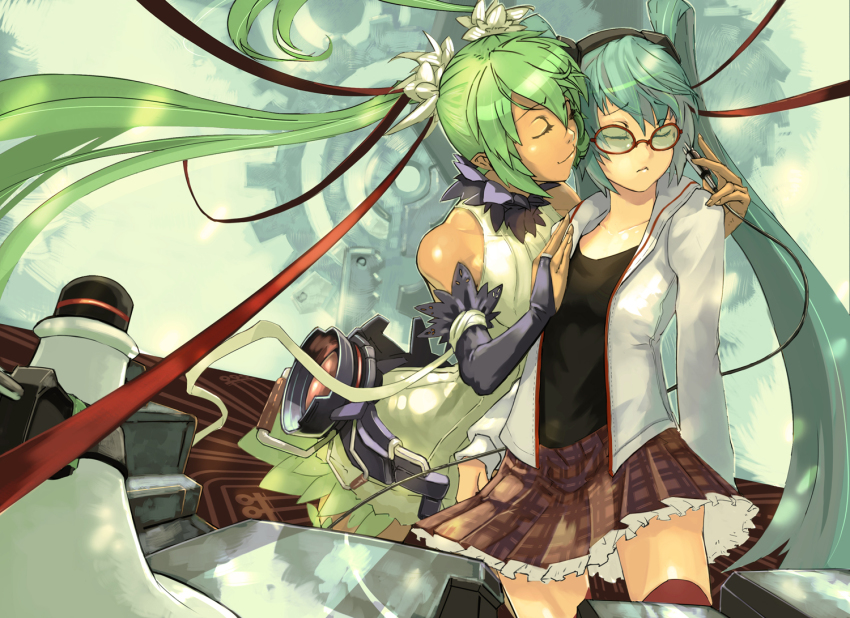 2girls, aqua_hair, bigegg, bridal_gauntlets, cable, dual_persona, elbow_gloves, closed_eyes