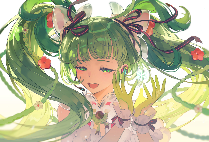 1girl, :d, absurdres, antenna_hair, black_ribbon, blush, bow, braid