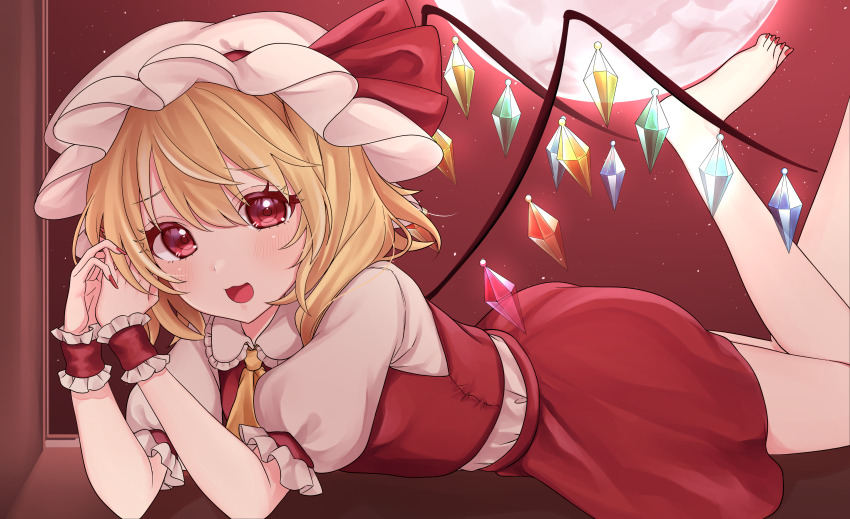 1girl, absurdres, ascot, barefoot, blonde_hair, blush, breasts, chalc0, collared_shirt, crystal_wings, fingernails, flandre_scarlet, frills, full_body, hair_between_eyes, hands_up, hat, hat_ribbon, highres, legs_up, long_fingernails, looking_at_viewer, lying, mob_cap, moon, multicolored_wings, nail_polish, night, on_stomach, open_mouth, own_hands_together, puffy_short_sleeves, puffy_sleeves, red_eyes, red_moon, red_nails, red_ribbon, red_skirt, red_sky, red_vest, ribbon, shadow, shirt, short_hair, short_sleeves, skirt, skirt_set, sky, small_breasts, smile, solo, star_(sky), starry_sky, toenail_polish, toenails, touhou, vest, white_hat, white_shirt, wings, wrist_cuffs, yellow_ascot