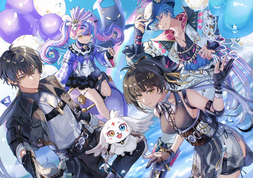 2boys, 2girls, abby_(wuthering_waves), absurdres, balloon, bare_shoulders, black_dress, black_gloves