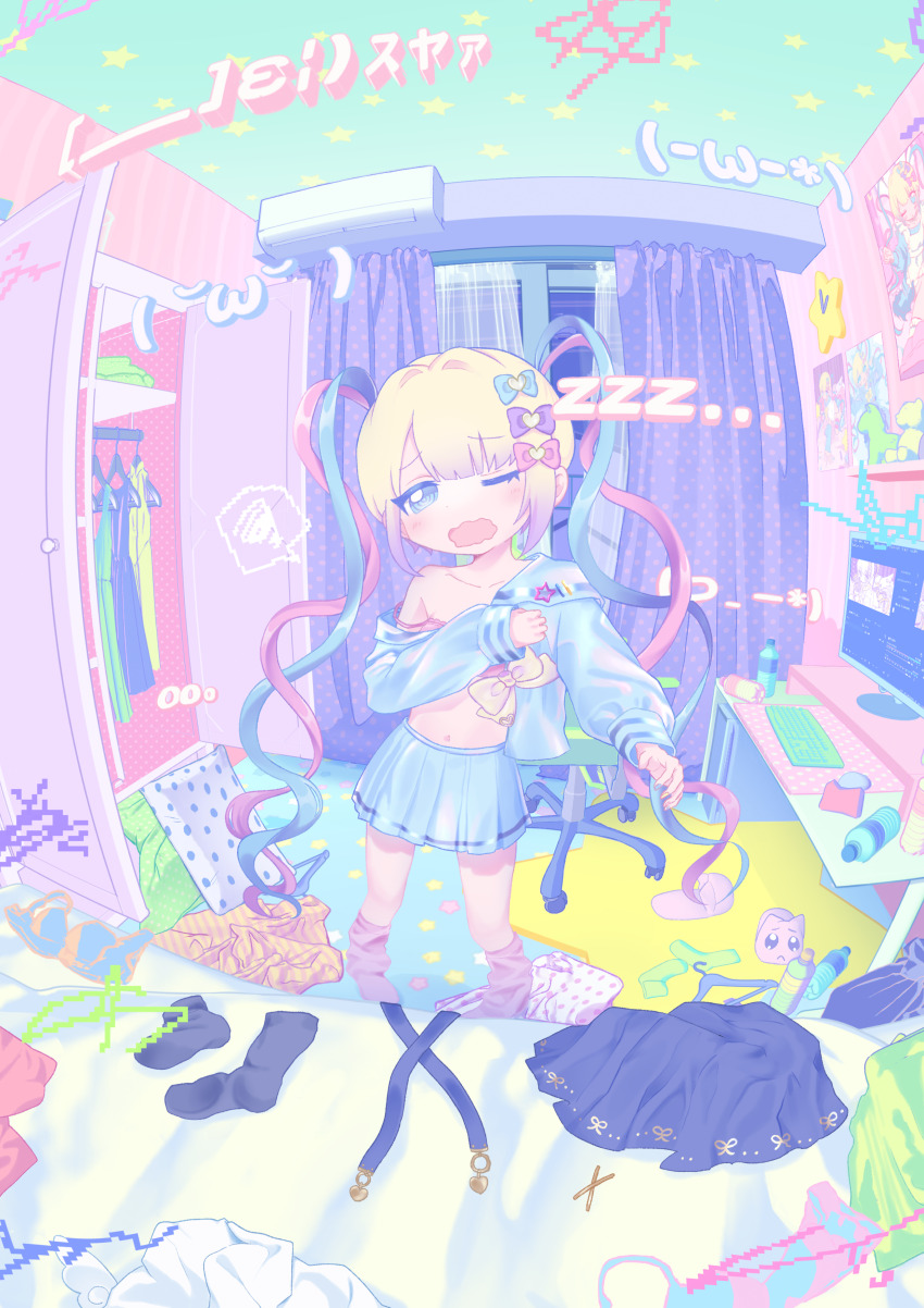 1girl, absurdres, bed, bedroom, black_skirt, black_socks, blonde_hair, blue_bow