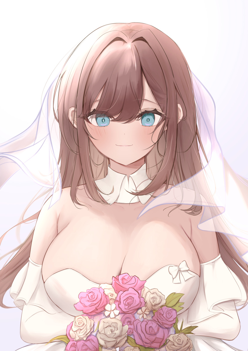 1girl, absurdres, aqua_eyes, bare_shoulders, blush, bouquet, bow, breasts