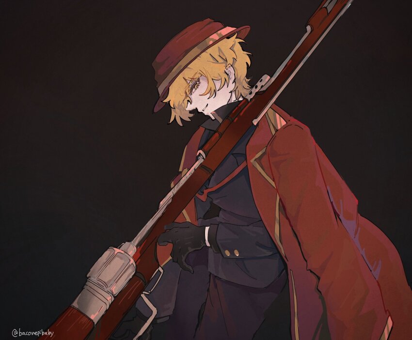 1boy, baconepibaby, black_background, black_gloves, black_pants, black_shirt, blonde_hair, coat, coat_on_shoulders, collared_shirt, gloves, gun, hat, highres, limbus_company, long_sleeves, looking_at_viewer, male_focus, pants, project_moon, red_coat, red_hat, shirt, short_hair, simple_background, sinclair_(project_moon), solo, standing, thumb_(identity)_(project_moon), upper_body, weapon, yellow_eyes