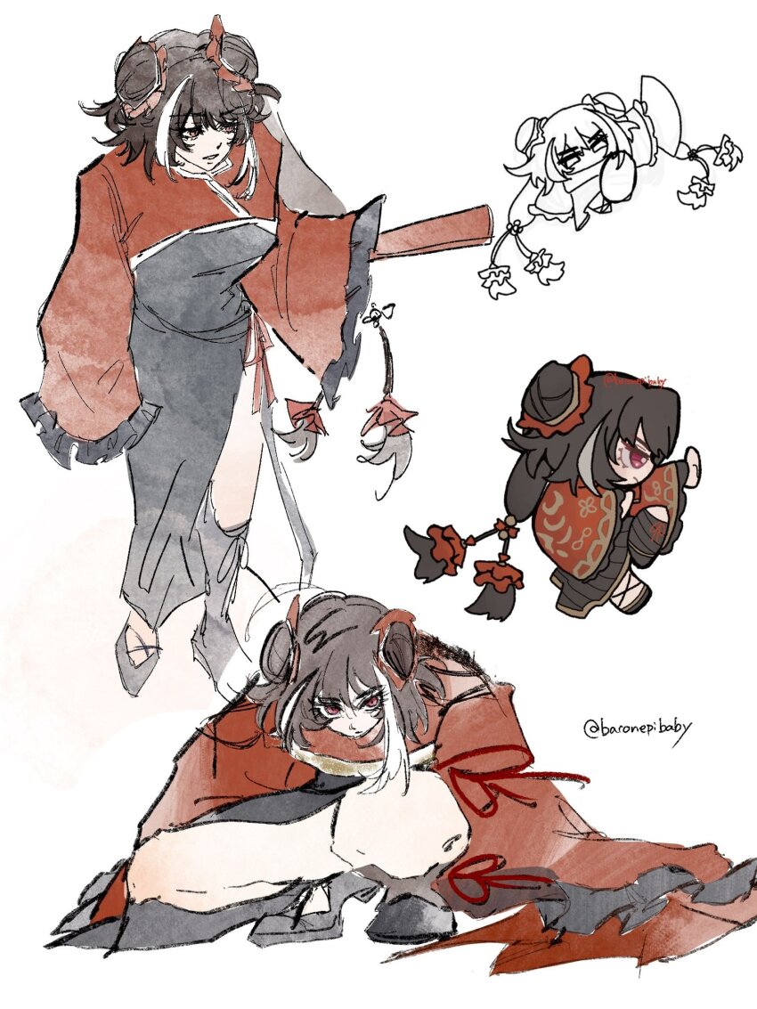 1girl, baconepibaby, black_dress, black_hair, black_shoes, chibi, chinese_clothes, double_bun