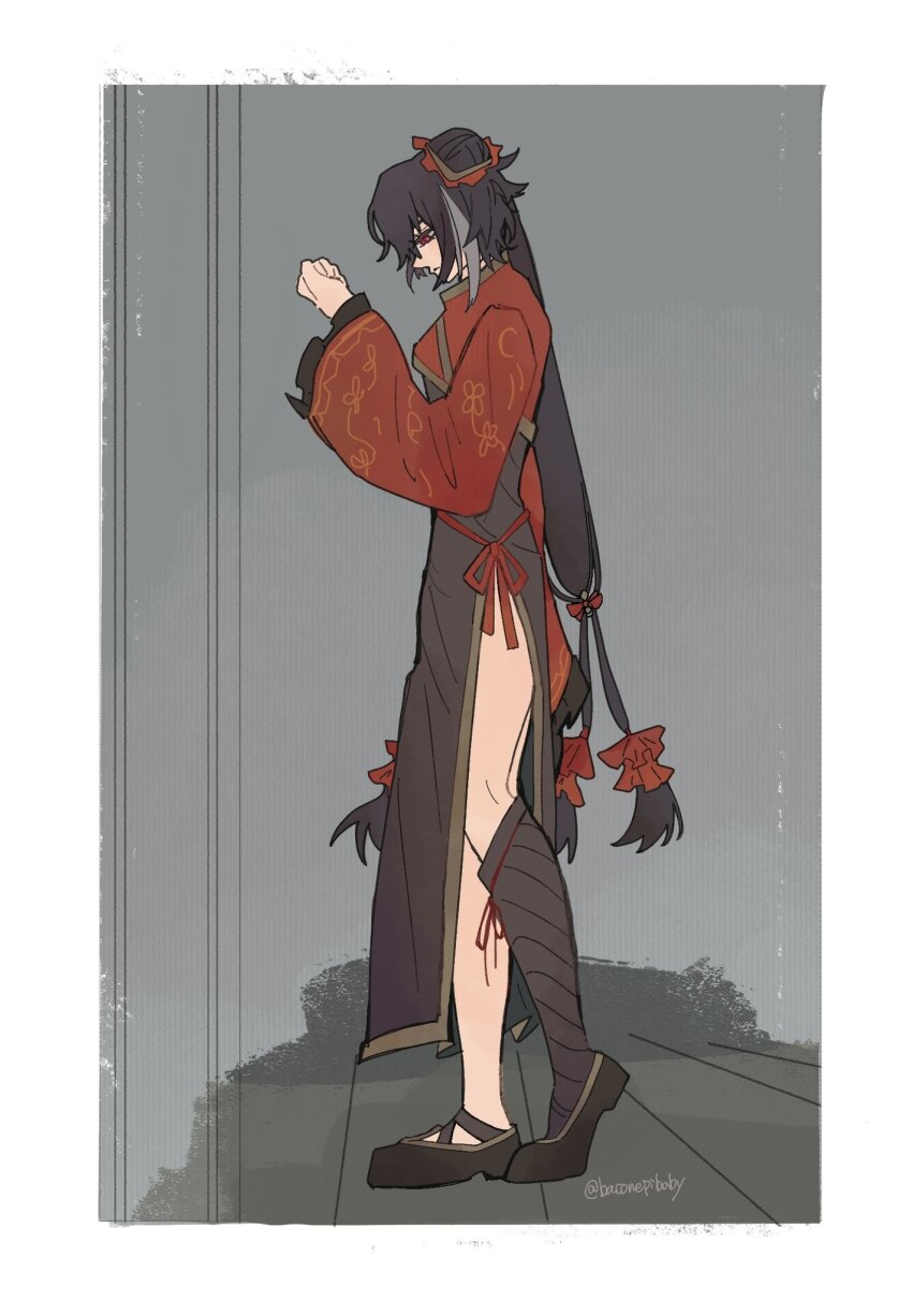 1girl, baconepibaby, black_dress, black_hair, border, chinese_clothes, double_bun, dress