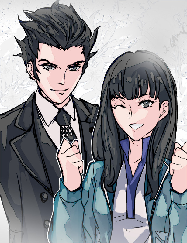 1boy, 1girl, black_eyes, black_hair, black_suit, blue_jacket, clenched_hands, floral_background