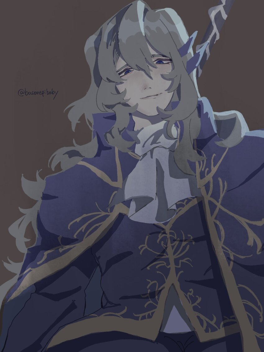 1boy, argalia_(project_moon), ascot, baconepibaby, blue_cape, blue_eyes, blue_jacket, cape