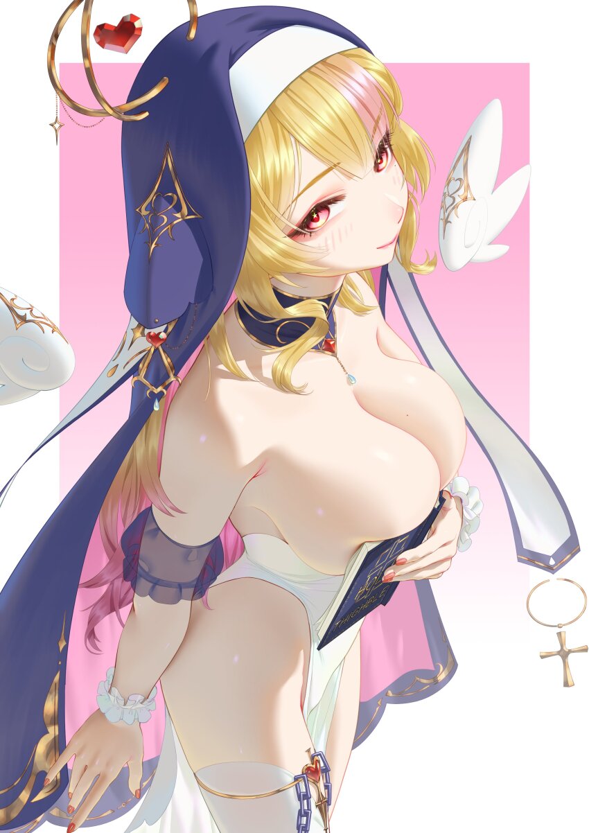 1girl, absurdres, armpit_crease, asymmetrical_legwear, blonde_hair, boobs_in_book_(meme), book, border, breasts, cleavage, coif, colored_inner_hair, cowboy_shot, cross, darkmuleth, detached_sleeves, detached_wings, gradient_background, highres, holding, holding_book, indie_virtual_youtuber, large_breasts, light_blush, long_hair, looking_at_viewer, meme, mini_wings, mole, mole_on_breast, multicolored_hair, nun, open_book, ophanim_halo, parted_bangs, pelvic_curtain, pink_background, pink_eyes, pink_hair, pink_streaks, puffy_detached_sleeves, puffy_sleeves, purple_coif, scrunchie, second-party_source, single_thighhigh, smile, solo, standing, star_(symbol), star_in_eye, streaked_hair, suko_(vtuber), symbol_in_eye, thighhighs, virtual_youtuber, white_border, white_scrunchie, white_thighhighs, white_wings, wings, wrist_scrunchie
