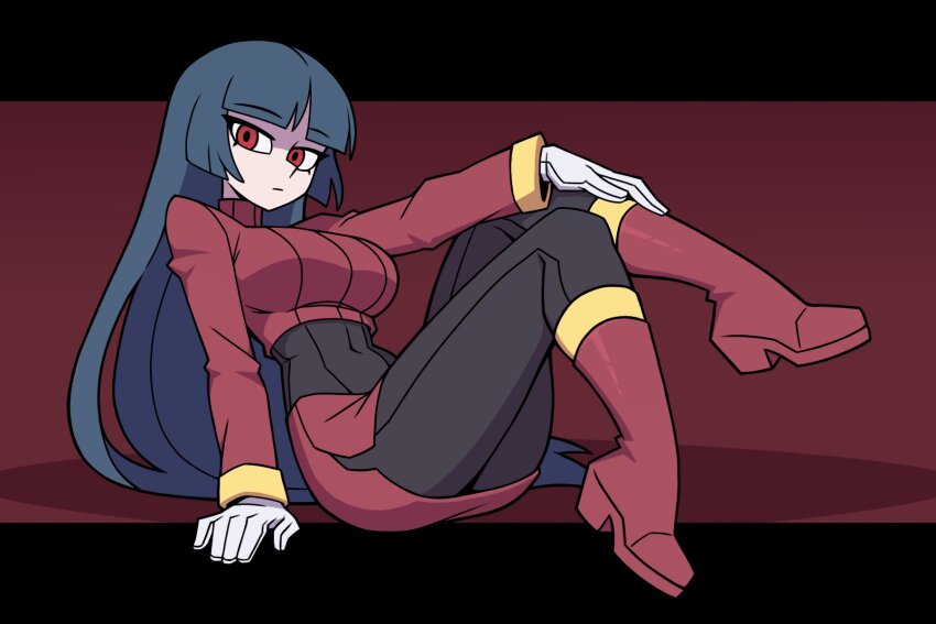 1girl, bean52623818, blue_hair, blunt_bangs, bodysuit, bodysuit_under_clothes, breasts, crop_top, cropped_jacket, gloves, hand_on_own_knee, highres, jacket, large_breasts, long_hair, long_sleeves, medium_breasts, nintendo, pencil_skirt, pokemon, pokemon_firered_and_leafgreen, red_eyes, red_jacket, red_skirt, sabrina_(pokemon), side_slit, skirt, solo, straight_hair, turtleneck, turtleneck_jacket, white_gloves