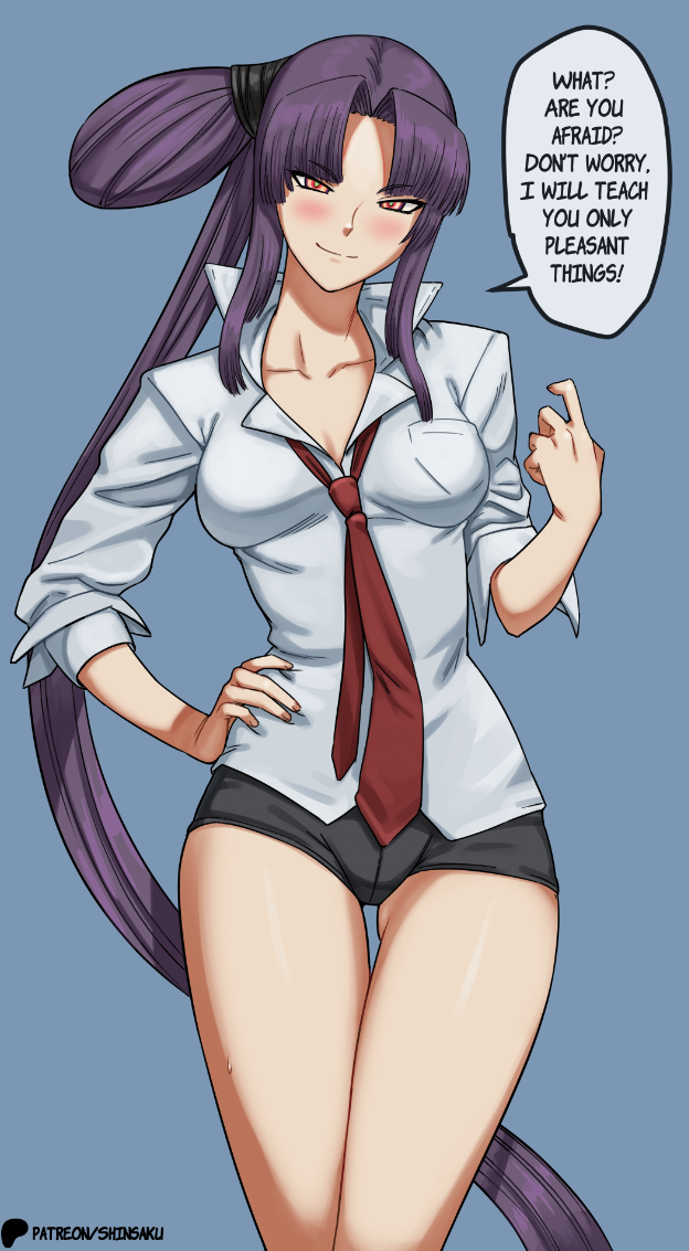 1girl, artist_name, black_hair, black_shorts, blush, breasts, closed_mouth, commentary, english_text, fate/grand_order, fate_(series), hair_bun, hand_on_own_hip, id_(fate/grand_order), jacket, long_hair, looking_at_viewer, multicolored_eyes, necktie, patreon_logo, pseudo-tokyo_school_uniform, red_necktie, school_uniform, seductive_smile, shinsaku_(stan-art), shirt, shorts, side_ponytail, simple_background, single_side_bun, small_breasts, smile, solo, speech_bubble, sweat, sword, taira_no_kagekiyo_(fate), ushiwakamaru_(fate), very_long_hair, weapon, white_shirt