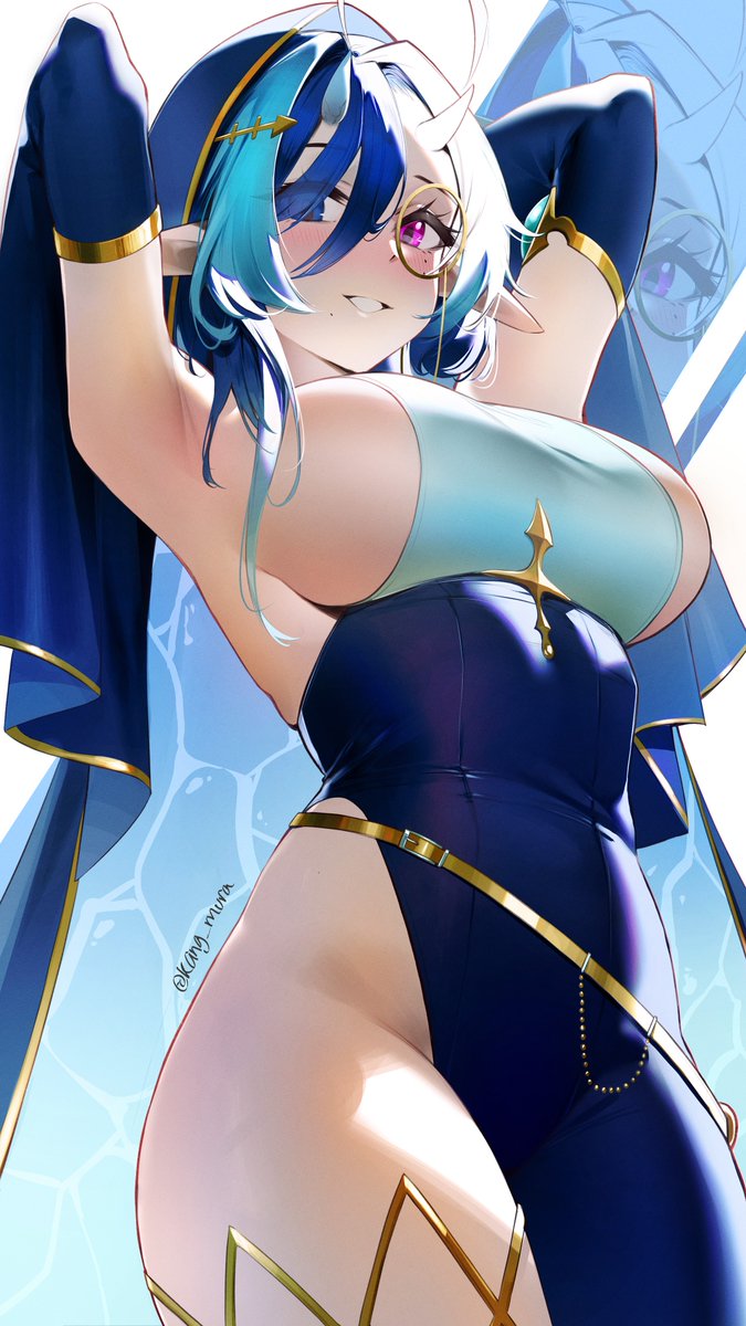 1girl, belt, black_sleeves, blue_eyes, blue_hair, blush, breasts, commission