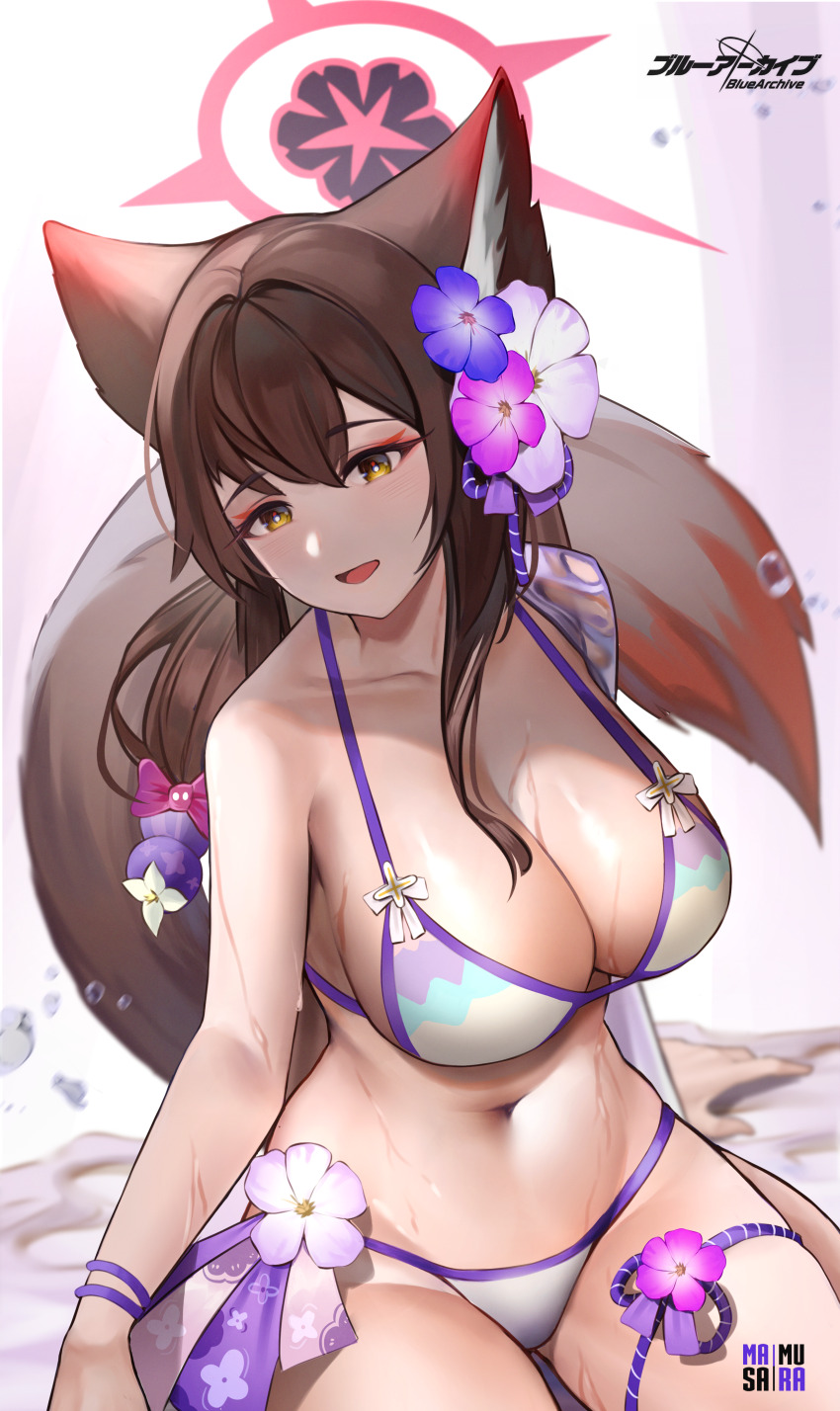 1girl, absurdres, animal_ears, bikini, blue_archive, bow, breasts, brown_hair