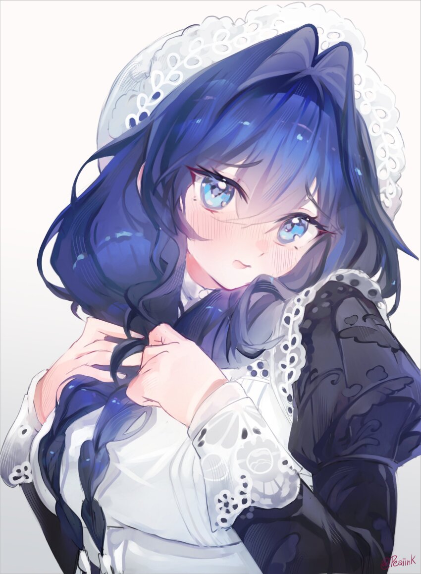 1girl, absurdres, apron, black_dress, blue_eyes, blue_hair, blush, breasts, closed_mouth, dress, hair_intakes, hat, highres, hololive, hololive_english, iinkpea, long_hair, long_sleeves, mob_cap, ouro_kronii, ouro_kronii_(maid), solo, twitter_username, upper_body, virtual_youtuber, white_apron, white_hat