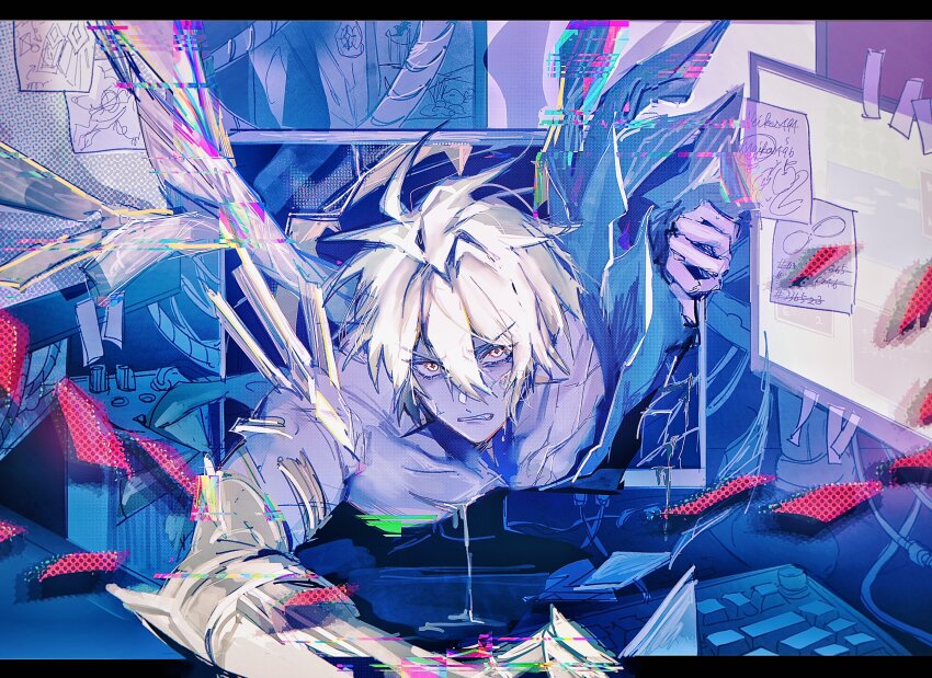 1boy, absurdres, alternate_form, asymmetrical_wings, black_shirt, black_wings, blonde_hair, broken_glass