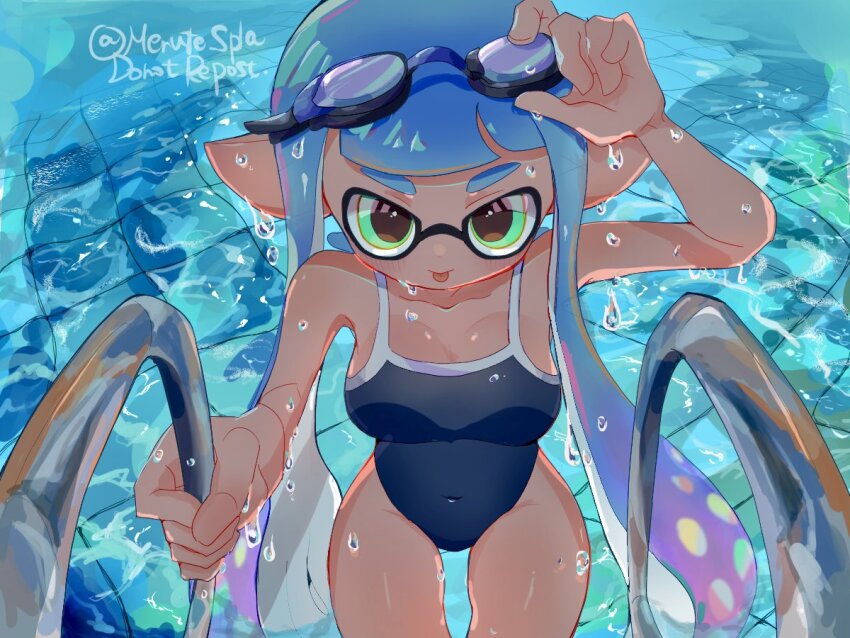 1girl, :p, artist_name, blue_one-piece_swimsuit, breasts, commentary_request, dark-skinned_female, dark_skin