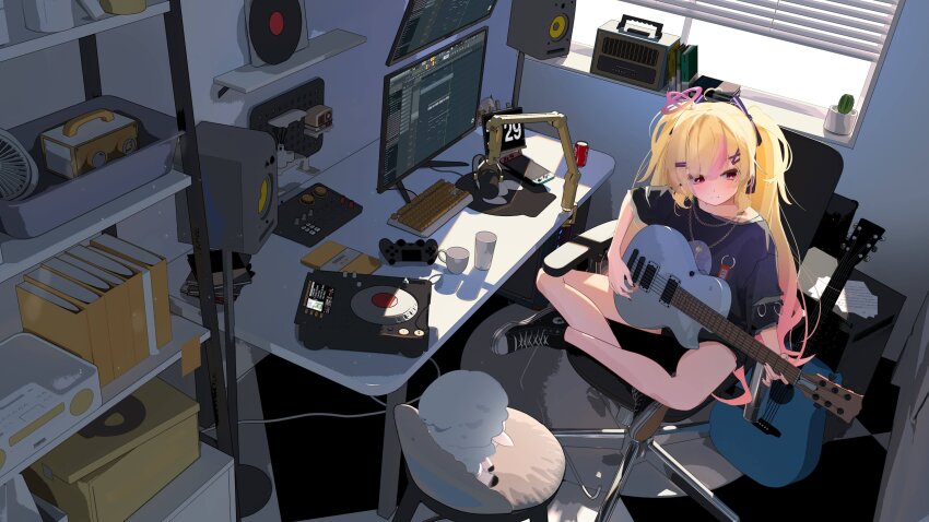 1girl, absurdres, acoustic_guitar, ahoge, backlighting, black_shoes, black_shorts, blonde_hair