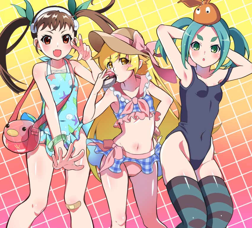 3girls, absurdres, aqua_hair, aqua_one-piece_swimsuit, bag, bikini, black_one-piece_swimsuit, blonde_hair