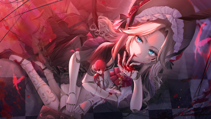 1girl, ascot, bag, bella_(silver_and_blood), black_dress, black_hat, black_shoes, blood, blood_on_ground, blood_on_hands, blue_eyes, brown_bag, checkered_floor, doll, doll_joints, dress, extra_arms, eyelashes, flower, hat, hat_flower, high_heels, highres, joints, long_hair, navy_(navy.blue), petals, red_ascot, red_flower, red_petals, shoes, silver_and_blood