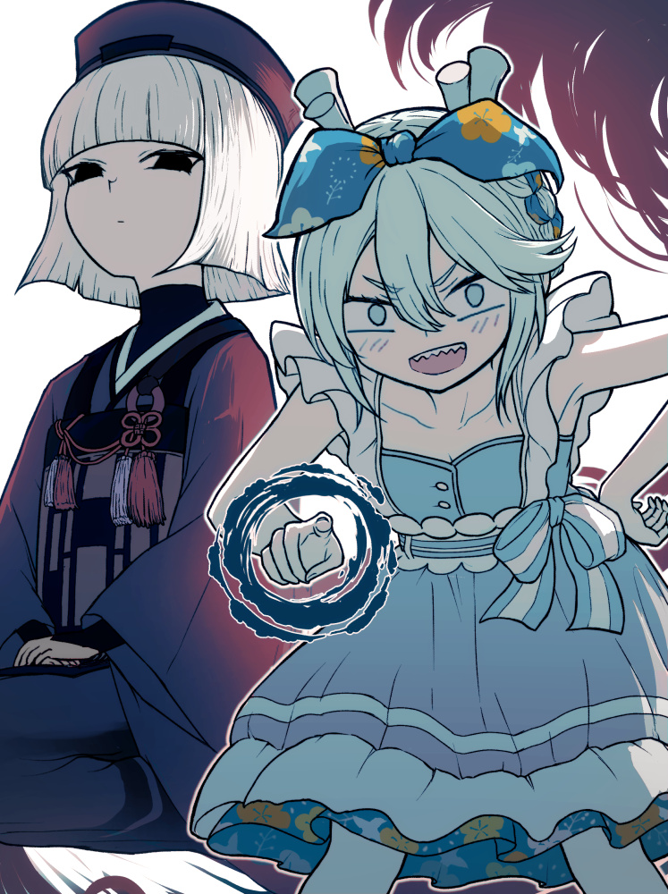 2girls, bare_shoulders, blue_dress, blue_ribbon, blush, breasts, dress, fate/grand_order