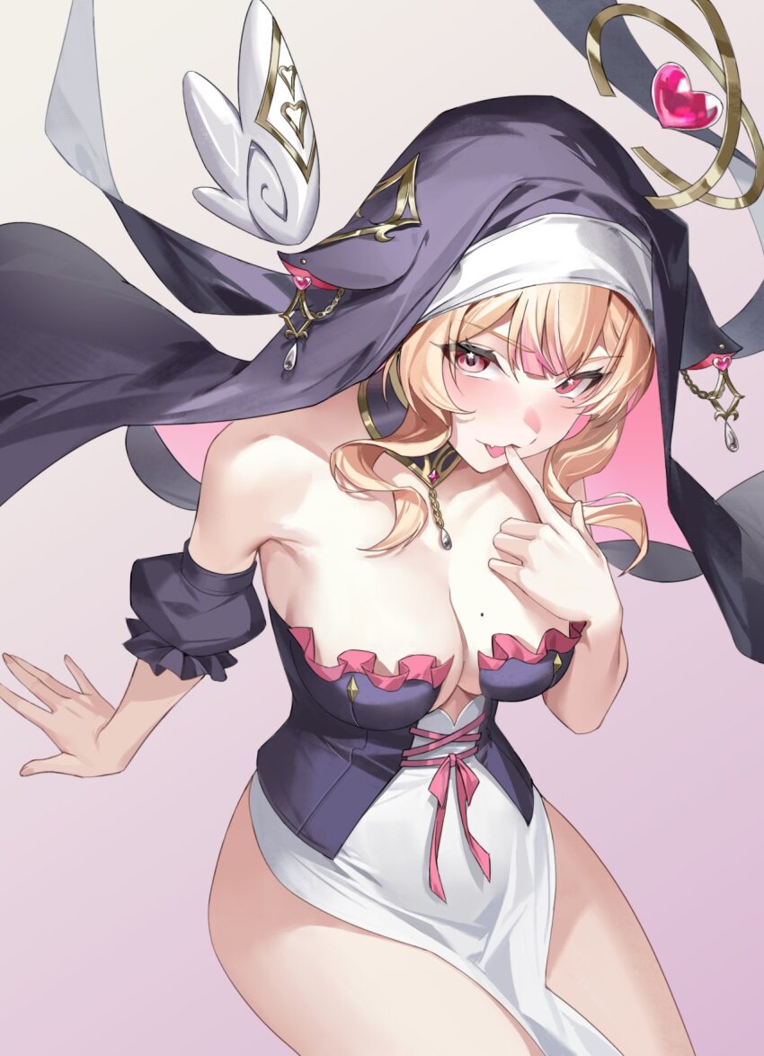 1girl, arm_support, bare_shoulders, blonde_hair, blush, bodice, breasts, center-flap_bangs, cleavage, coif, detached_collar, detached_sleeves, detached_wings, finger_to_mouth, highres, indie_virtual_youtuber, invisible_chair, looking_at_viewer, medium_breasts, mini_wings, mole, mole_on_breast, nun, ophanim_halo, pelvic_curtain, pink_eyes, puffy_detached_sleeves, puffy_sleeves, second-party_source, sitting, skirt, solo, suko_(vtuber), virtual_youtuber, white_skirt, white_wings, wings, yin_lan_xue