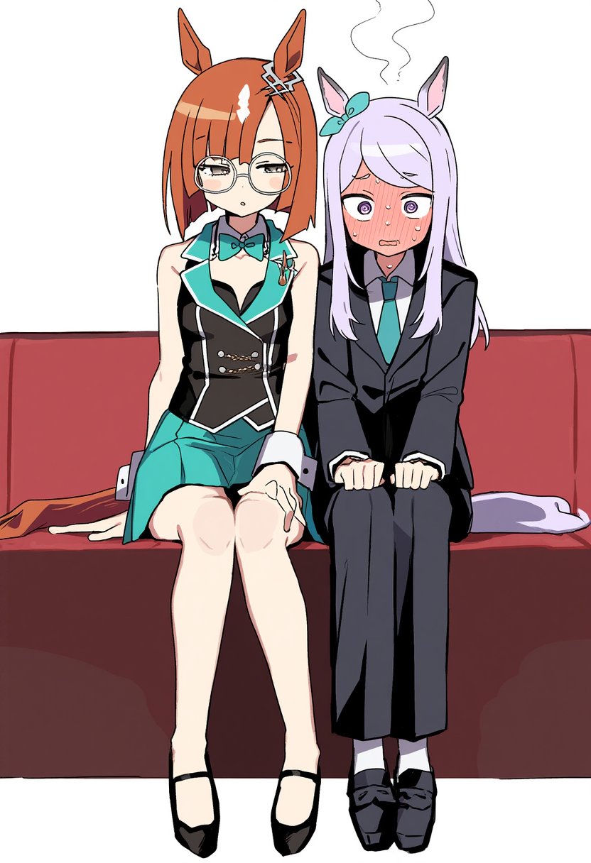 2girls, blush, formal_clothes, highres, ikuno_dictus_(umamusume), mejiro_mcqueen_(umamusume), multiple_girls, pants, suit, tagme, to_zaemon, umamusume, yuri