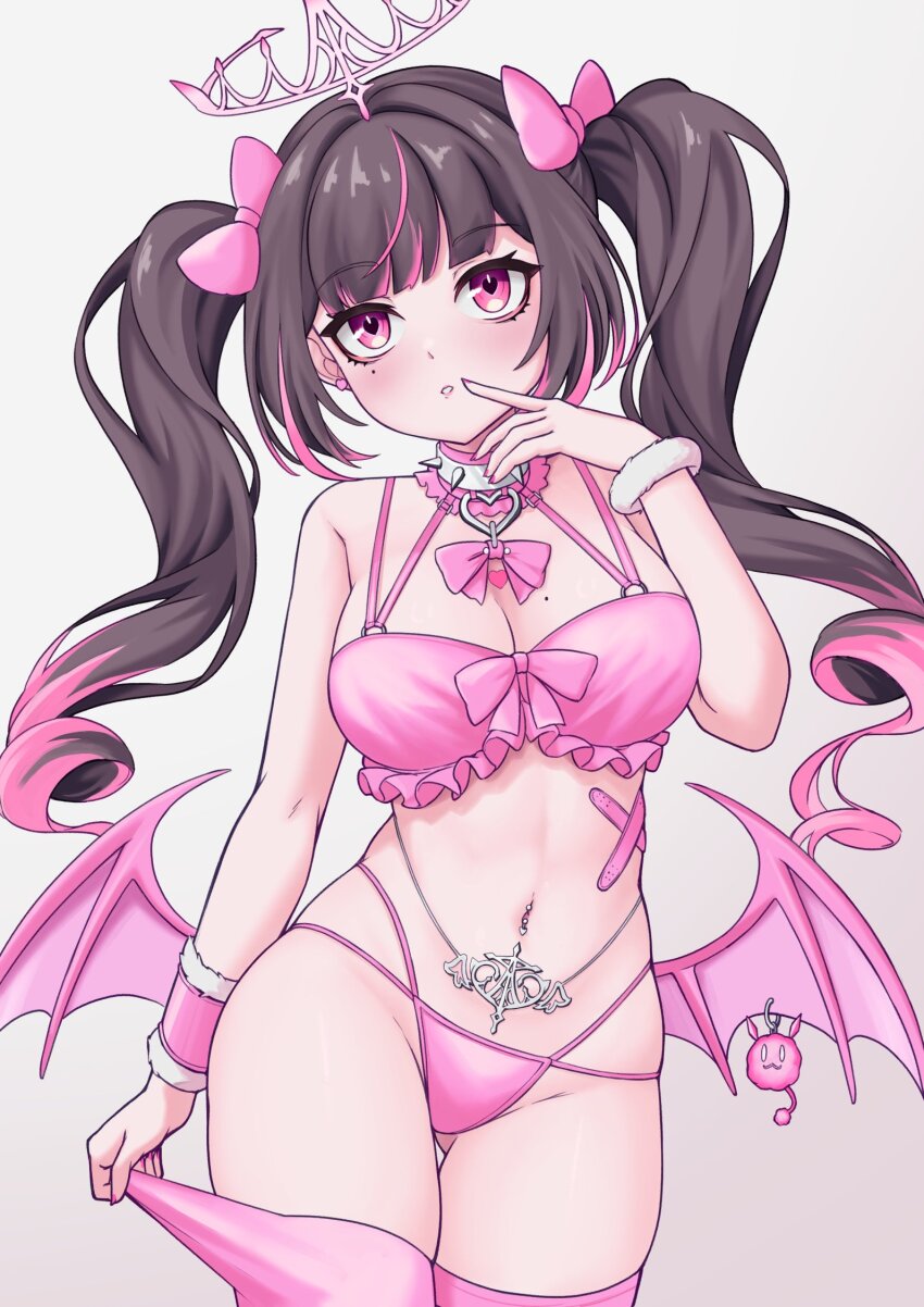 1girl, bikini, black_hair, bow, breasts, cleavage, collar, colored_tips