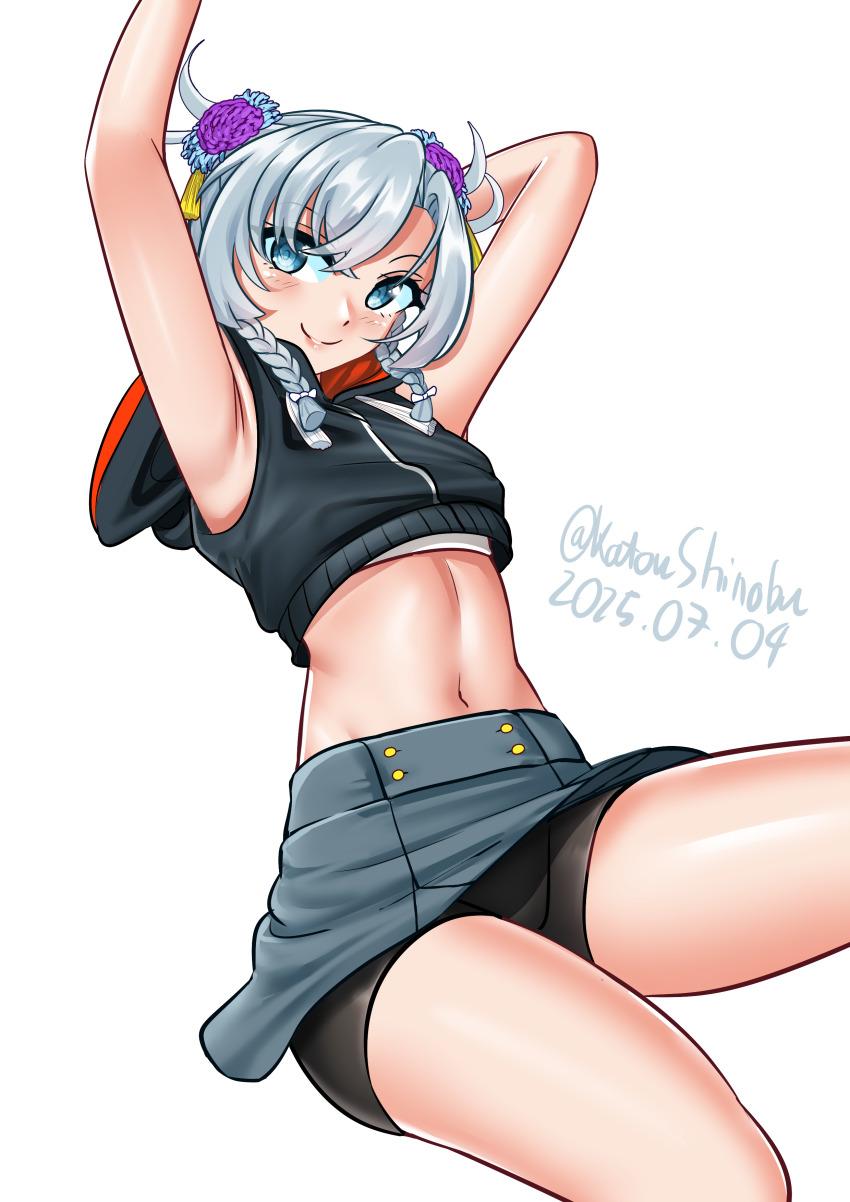 1girl, absurdres, arms_up, bike_shorts, bike_shorts_under_skirt, black_jacket, blue_eyes, blue_hair, braid, cowboy_shot, double_bun, grey_skirt, hair_bun, highres, hood, hooded_jacket, invisible_chair, jacket, kantai_collection, katou_shinobu, midriff, navel, official_alternate_costume, one-hour_drawing_challenge, shimane_maru_(kancolle), shimane_maru_(rainy_season)_(kancolle), shorts, shorts_under_skirt, simple_background, sitting, skirt, sleeveless, sleeveless_jacket, solo, twin_braids, white_background