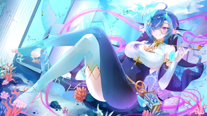 1girl, absurdres, anchor_symbol, black_hair, blinking, blue_eyes, blue_hair, blue_thighhighs