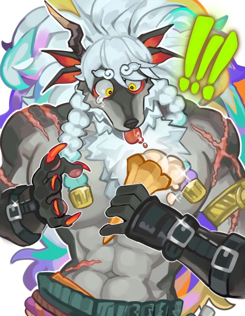 !, !!, 1boy, abs, animal_ears, bara, claws, commentary