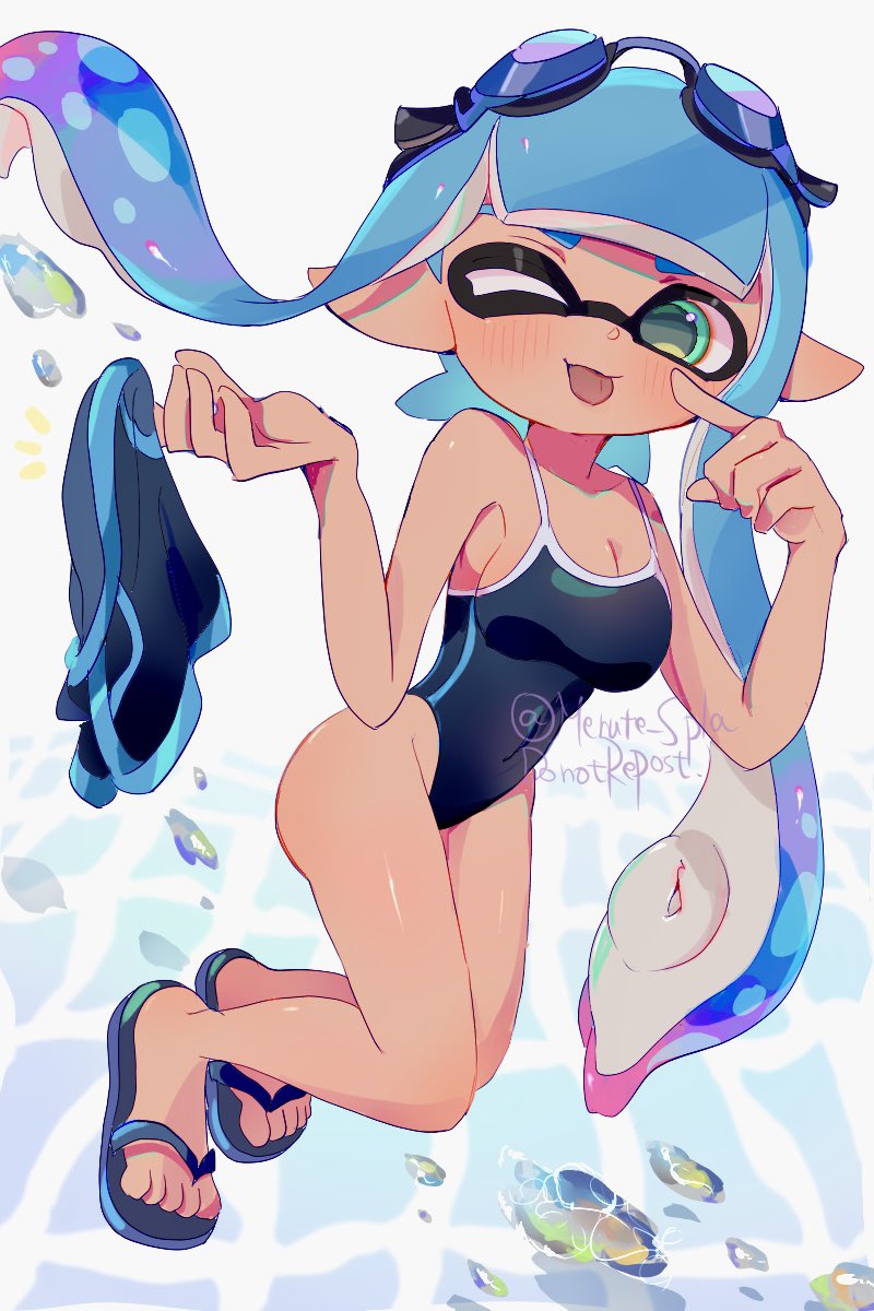 1girl, artist_name, blue_hair, blue_one-piece_swimsuit, blue_sandals, breasts, cleavage, commentary_request, dark-skinned_female, dark_skin, goggles, goggles_on_head, gradient_hair, green_eyes, highres, inkling, inkling_girl, inkling_player_character, long_hair, medium_breasts, merute_spla, multicolored_hair, nintendo, one-piece_swimsuit, one_eye_closed, pink_hair, pointy_ears, sandals, solo, splatoon_(series), splatoon_3, swimsuit, tentacle_hair, tongue, tongue_out, twitter_username, two-tone_hair, watermark