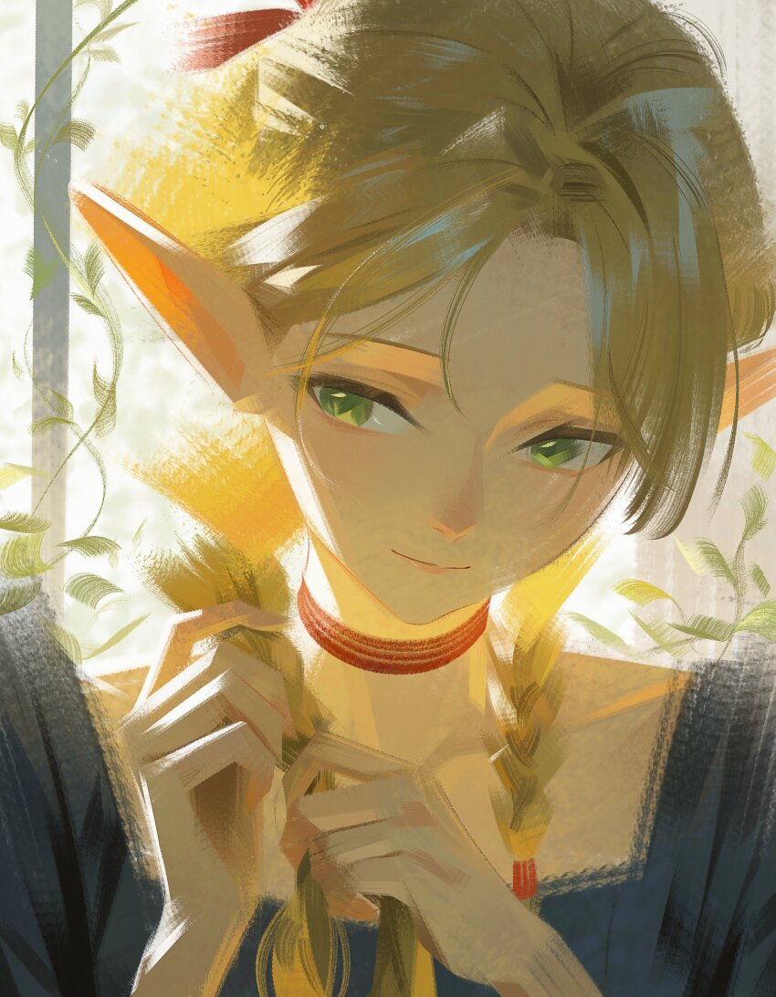 1girl, absurdres, blonde_hair, blue_dress, braid, choker, closed_mouth, commentary