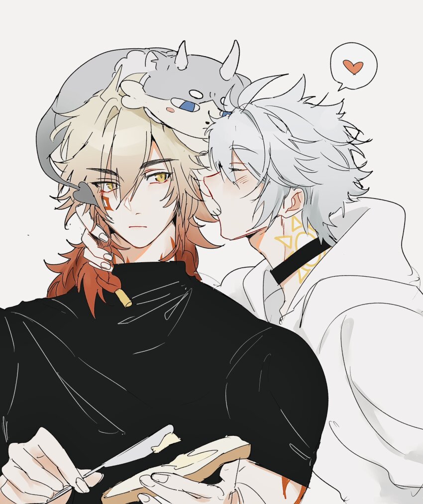 2boys, absurdres, black_shirt, casual, chimera_(honkai:_star_rail), closed_mouth, ggtnnk, gradient_hair, grey_hair, heart, highres, honkai:_star_rail, honkai_(series), hood, hoodie, looking_to_the_side, male_focus, medium_hair, multicolored_hair, multiple_boys, mydei_(honkai:_star_rail), open_mouth, orange_hair, phainon_(honkai:_star_rail), phainon_(vigethos)_(honkai:_star_rail), shirt, short_hair, short_sleeves, simple_background, spoken_heart, upper_body, white_background, white_hoodie, yaoi