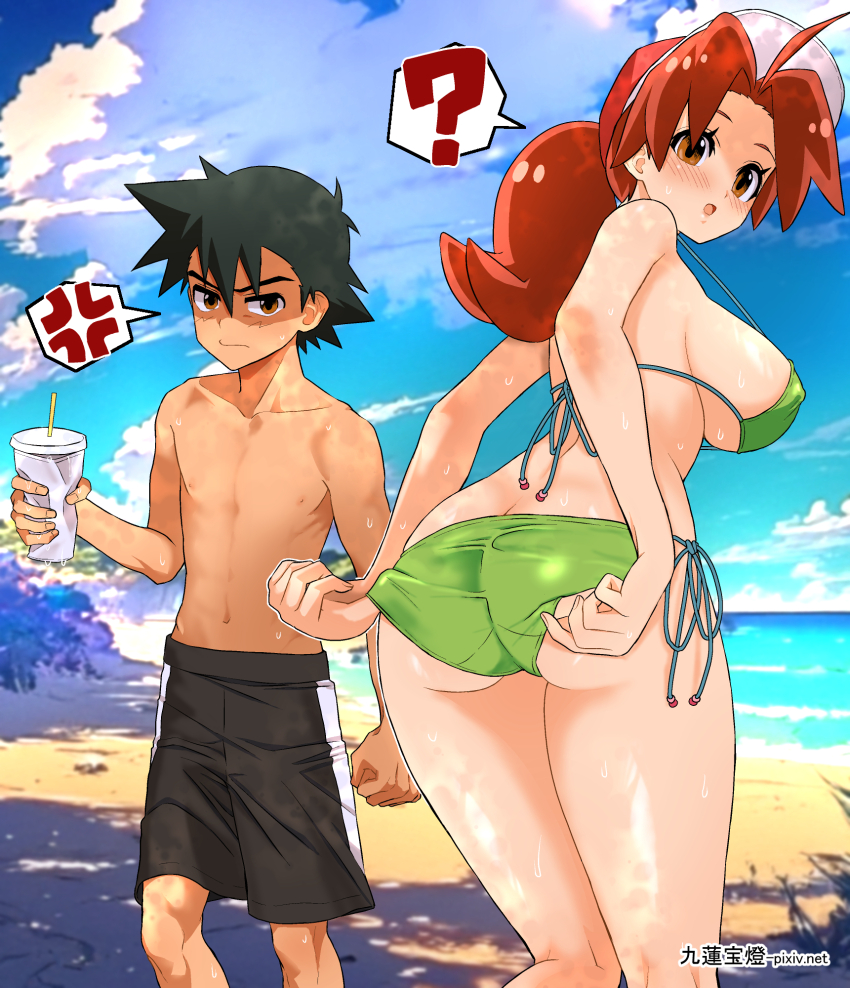 1boy, 1girl, ?, adjusting_clothes, adjusting_panties, ash_ketchum, ass, beach, bent_over, bikini, black_hair, black_male_swimwear, blush, borrowed_clothes, breasts, brown_eyes, brown_hair, butt_crack, can, coffee-break, covered_erect_nipples, curvy, day, delia_ketchum, disgust, drink, drink_can, frown, glaring, green_bikini, hand_on_own_knee, highres, holding, holding_drink, large_breasts, leaning_forward, low_ponytail, male_swimwear, mother_and_child, mother_and_son, nintendo, ocean, outdoors, panties, parent_and_child, partially_shaded_face, pokemon, pokemon_(anime), pokemon_journeys, ponytail, shaded_face, shiny_skin, side-tie_bikini_bottom, sitting, skindentation, soda_can, standing, sun, sunlight, sweat, swim_trunks, swimsuit, teeth, thong, thong_bikini, topless_male, underwear, upper_teeth_only, wedgie, wet, wide_hips