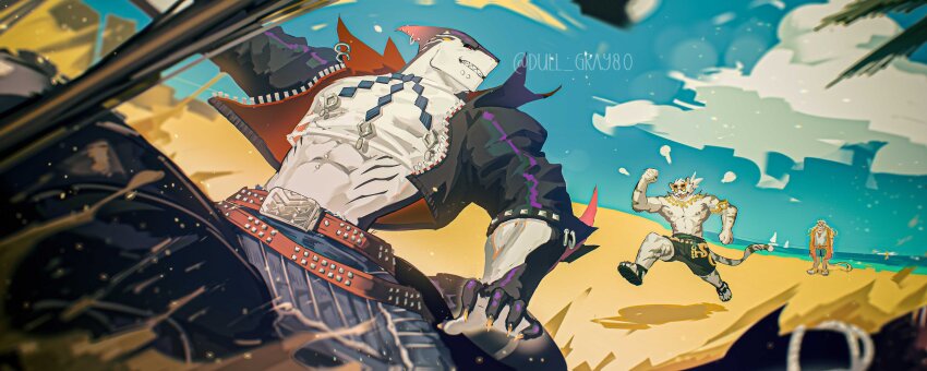 3boys, abs, absurdres, angry, animal_ears, bara, beach, black_jacket, blue_sky, claws, cloud, commentary, crop_top, daru808080, dislyte, dorsal_fin, english_commentary, fins, fish_tail, furry, furry_male, grin, highres, jacket, javid_(shamash)_(dislyte), javid_(shamash)_(ventus_waltz)_(dislyte), jin_qiu_(ru_shou)_(dislyte), jin_qiu_(ru_shou)_(wild_python)_(dislyte), lion_boy, lion_ears, lion_mane, lion_tail, male_focus, multiple_boys, muscular, muscular_male, navel, nipples, pectorals, sand, shark_boy, shark_tail, sharp_teeth, sky, smile, tail, teeth, tetsuya_(akuru)_(dislyte), tiger_boy, tiger_ears, tiger_stripes, tiger_tail, topless_male