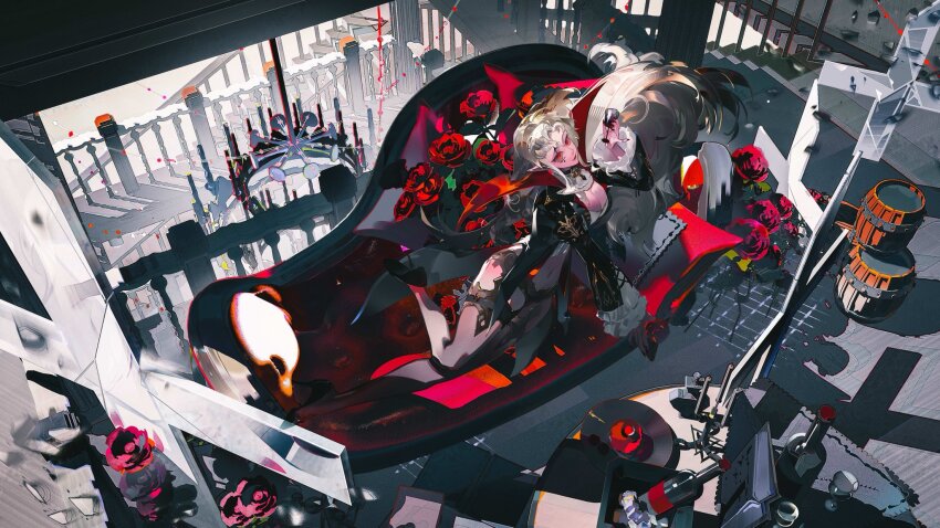 1girl, barrel, black_dress, black_shoes, blonde_hair, bottle, breasts, character_request