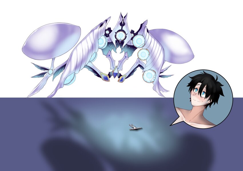 1boy, 1girl, absurdres, aphrodite_(fate), aphrodite_(machine_god)_(fate), black_hair, blue_eyes, blush, collarbone, fate/grand_order, fate_(series), fujimaru_ritsuka_(male), highres, shadow, short_hair, spacecraft, the_flying_toaster, white_background