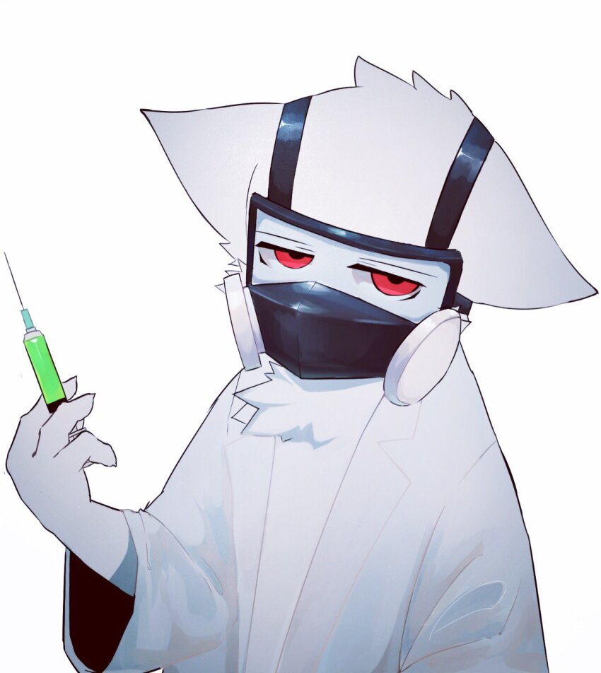 1boy, animal_ears, bored, changed, chest_fur, dr_k_(changed), droopy_ears, furry, furry_male, highres, holding, holding_needle, imp0ch1, jacket, lab_coat, naked_lab_coat, needle, open_clothes, open_jacket, red_eyes, tail, upper_body, white_background, white_fur, wolf, wolf_ears, wolf_tail