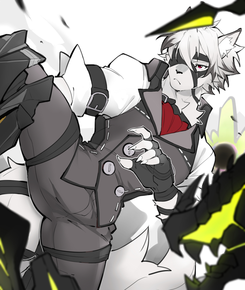 1boy, absurdres, animal_ears, ascot, bicep_strap, black_gloves, claws, colored_tips