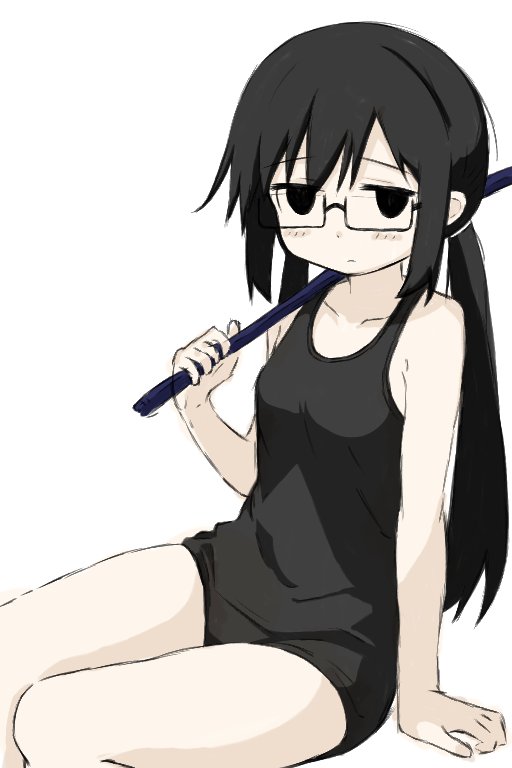 1girl, bare_arms, black_eyes, black_hair, black_one-piece_swimsuit, blush, breasts, fish_hair_ornament, fish_hairpin, fishing_rod, glasses, h3n_sw, hair_ornament, holding, holding_fishing_rod, looking_at_viewer, low_twintails, one-piece_swimsuit, shimeji_simulation, sitting, solo, swimsuit, thighs, tsukishima_mina, tsukishima_shijima's_sister, twintails
