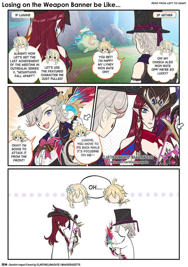 aether_(genshin_impact), artist_name, blue_eyes, bow, chasca_(genshin_impact), clarthelunagate, english_text, genshin_impact