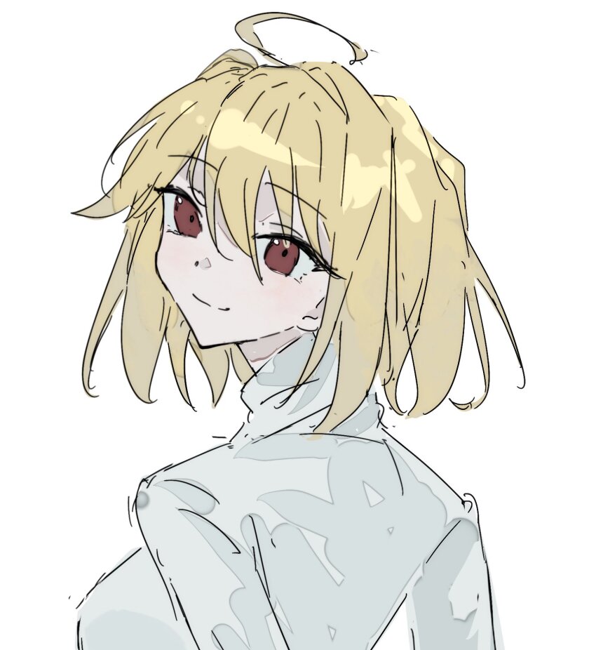 1girl, ahoge, arcueid_brunestud, blonde_hair, breasts, closed_mouth, dongxunyu, from_behind