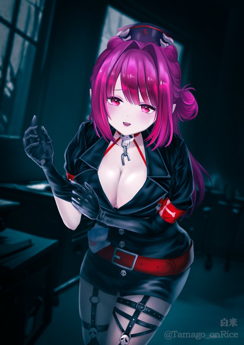 1girl, armband, belt, black_dress, black_gloves, black_hat, breasts, broken