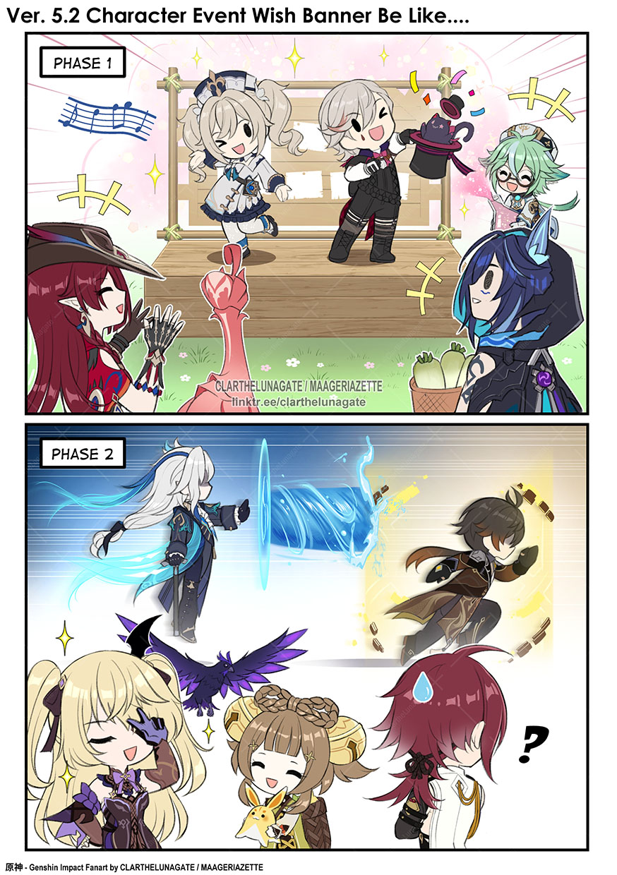 >_o, 2koma, 5boys, 5girls, :d, ?, ^_^, barbara_(genshin_impact), basket, bell, black-framed_eyewear, black_boots, black_gloves, black_hat, black_hood, black_pants, black_shirt, blank_eyes, blonde_hair, blue_hair, boots, bow-shaped_hair, brown_coat, brown_hair, chasca_(genshin_impact), clarthelunagate, closed_eyes, coat, comic, commentary, confetti, detached_sleeves, dress, drill_hair, electro_symbol_(genshin_impact), elf, english_commentary, english_text, facial_mark, fischl_(genshin_impact), floating, genshin_impact, glasses, gloves, grass, green_hair, hair_bell, hair_ornament, hand_up, hat, highres, holding, holding_beaker, holding_unworn_clothes, holding_unworn_hat, jingle_bell, long_hair, long_sleeves, looking_at_another, looking_to_the_side, lyney_(genshin_impact), multiple_boys, multiple_girls, neuvillette_(genshin_impact), notice_lines, one_eye_closed, open_mouth, ororon_(genshin_impact), pants, pointy_ears, qucusaurus_(genshin_impact), radish, red_hair, running, semi-rimless_eyewear, shikanoin_heizou, shirt, smile, standing, standing_on_one_leg, sucrose_(genshin_impact), teardrop_facial_mark, top_hat, twin_drills, two_side_up, unworn_hat, unworn_headwear, v, very_long_hair, vision_(genshin_impact), white_dress, white_gloves, white_sleeves, yaoyao_(genshin_impact), yuegui_(genshin_impact), zhongli_(genshin_impact)