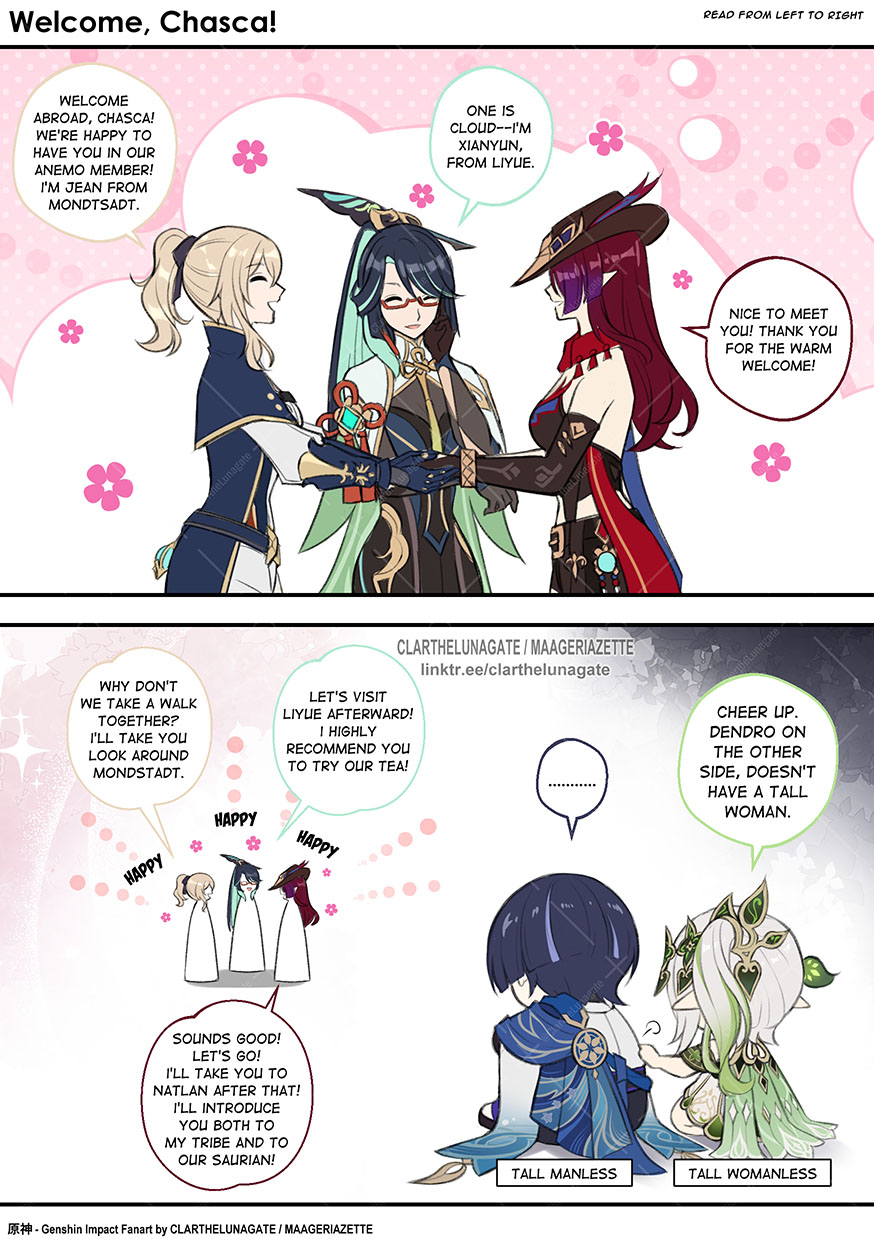 ..., 1boy, 4girls, adversarial_noise, animal_print, aqua_gem, aqua_hair, bare_shoulders, belt, belt_buckle, bird_print, black_bow, black_hair, black_sandals, black_shorts, blonde_hair, blue_cape, blue_capelet, blue_sleeves, bodystocking, boots, bow, brown_belt, brown_shirt, buckle, cape, capelet, chasca_(genshin_impact), chinese_knot, clarthelunagate, closed_eyes, colored_inner_hair, comic, cowboy_hat, detached_sleeves, dress, elbow_on_arm, elf, english_text, feather_hair_ornament, feathers, flower, fringe_trim, furisode, gauntlets, gem, genshin_impact, glasses, gold_trim, gradient_sleeves, green_cape, green_hair, green_sleeves, hair_ornament, hairpin, hand_on_another's_back, hand_on_own_face, hat, high_ponytail, highres, japanese_clothes, jean_(genshin_impact), kimono, long_hair, looking_at_another, multicolored_hair, multiple_girls, nahida_(genshin_impact), open-toe_boots, open_mouth, parted_bangs, parted_lips, pointy_ears, ponytail, purple_hair, red-framed_eyewear, red_hair, red_scarf, right-to-left_comic, sandals, scaramouche_(genshin_impact), scarf, shirt, short_ponytail, shorts, side_ponytail, sidelocks, single_hair_intake, sitting, spoken_ellipsis, strapless, strapless_shirt, streaked_hair, tassel, vision_(genshin_impact), wanderer_(genshin_impact), white_dress, white_hair, white_kimono, white_mouth, white_sleeves, white_trim, xianyun_(genshin_impact), zouri