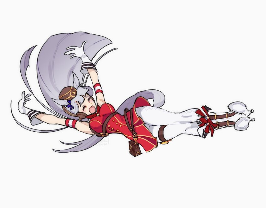 1girl, :d, ^_^, animal_ears, arms_up, artist_name, blunt_bangs, boots