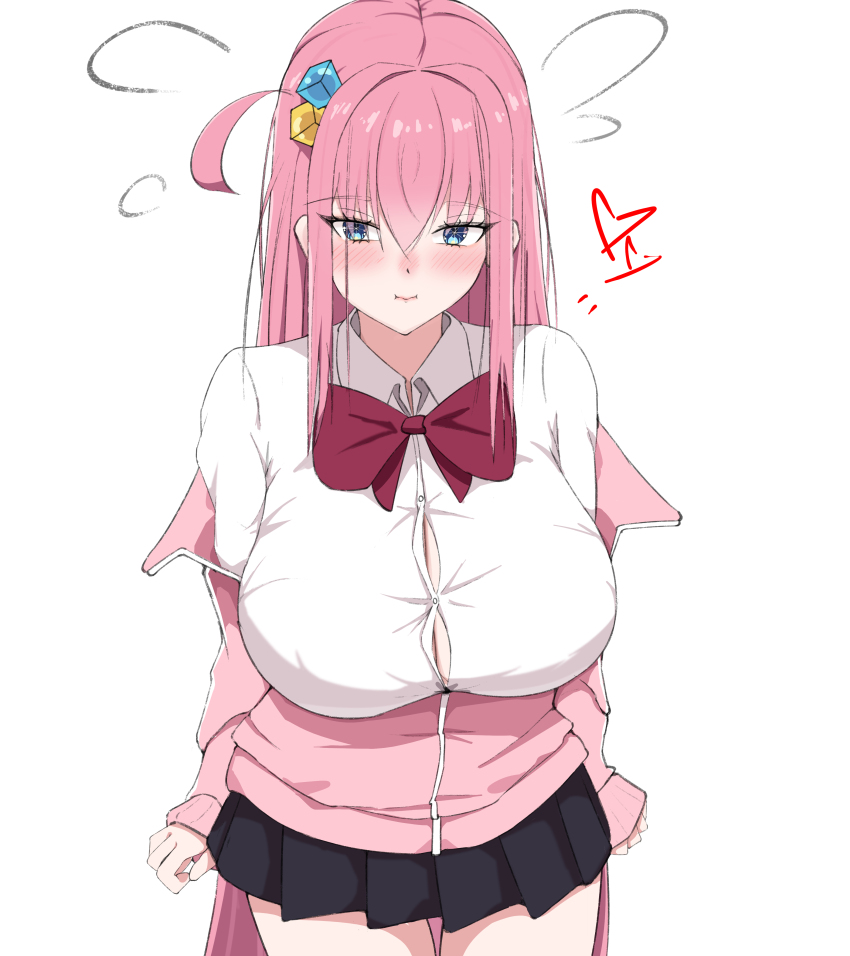 1girl, absurdres, black_skirt, blue_eyes, blush, bocchi_the_rock!, bow, bowtie, breasts, button_gap, chinese_commentary, chuizi, closed_mouth, collared_shirt, commentary, cube_hair_ornament, gotoh_hitori, hair_between_eyes, hair_ornament, heart, highres, huge_breasts, jacket, long_hair, long_sleeves, looking_at_viewer, one_side_up, pink_bow, pink_bowtie, pink_hair, pink_jacket, pleated_skirt, pout, shirt, simple_background, skirt, sleeves_past_wrists, solo, thighs, track_jacket, white_background, white_shirt