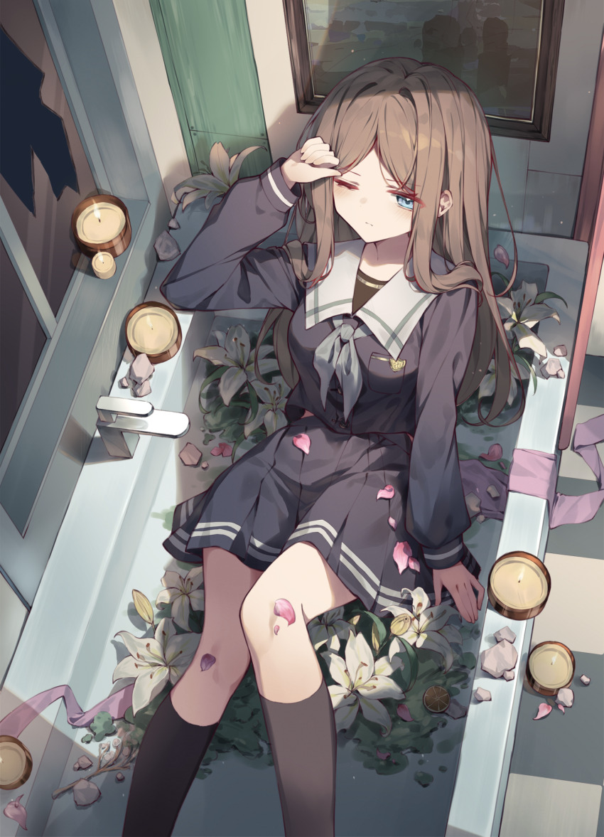 1girl, arm_up, bang_dream!, bang_dream!_it's_mygo!!!!!, blue_eyes, breasts, broken_window, brown_hair