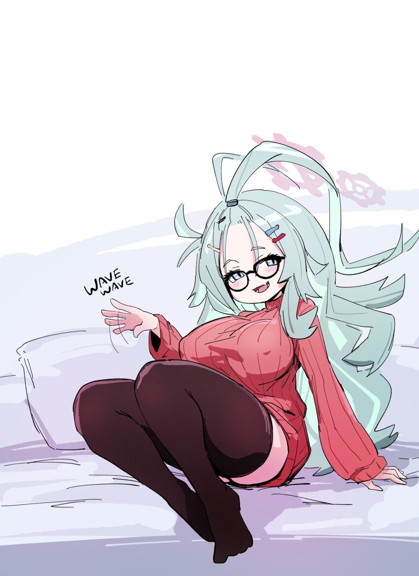 1girl, absurdres, bed, black_thighhighs, blue_archive, breasts, covered_erect_nipples, glasses