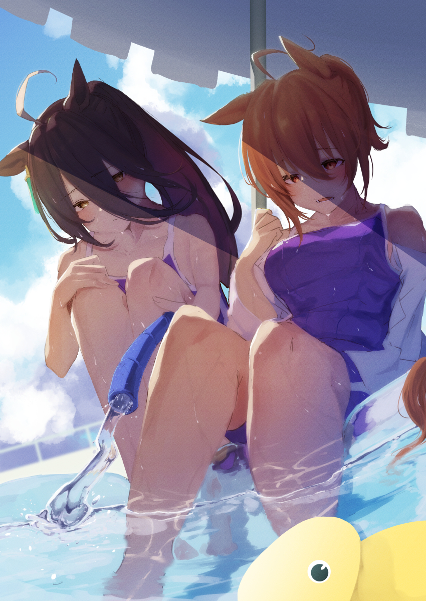 2girls, absurdres, agnes_tachyon_(umamusume), ahoge, alternate_costume, animal_ears, black_hair, ear_tag